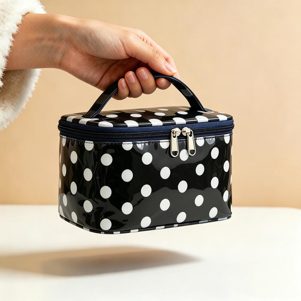 Polka Dots Travel Make-up Bag with Compartments – Coated Cosmetic Bag for Women, Waterproof, Portable, Flat-Folding Toiletry Bag