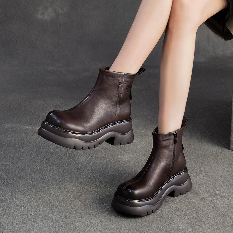 Johnature Genuine Leather Thick Soled Ankle Boots Retro Round Toe Thick Heeled Women's Short Boots