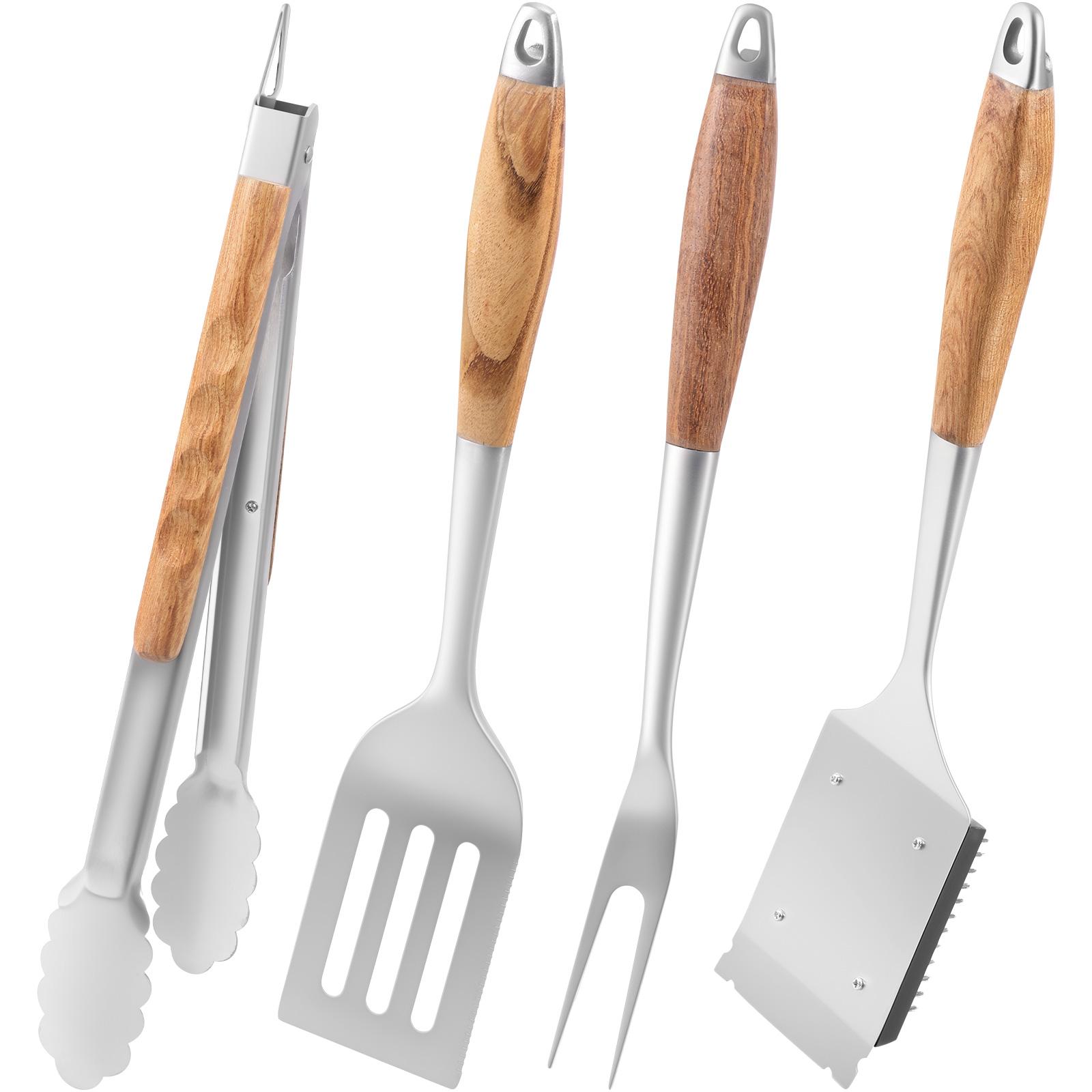 

4Pcs Stainless Steel Barbecue Tool Set with Grill Spatulas Tongs Forks and Cleaning Brush Outdoor Camping BBQ Grilling Utensils