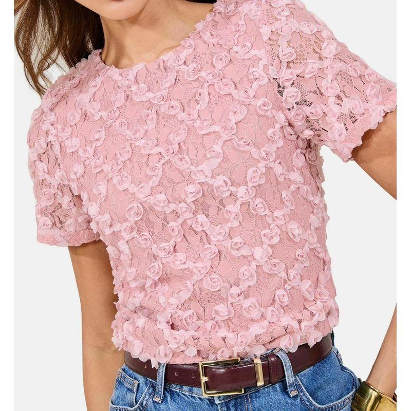 

Foreign Trade Li s Summer New Short sleeve round Neck Lace Three-Dimensional Flower Perspective Slimming Lady Pink Top Shirts Pink XL(UK14)