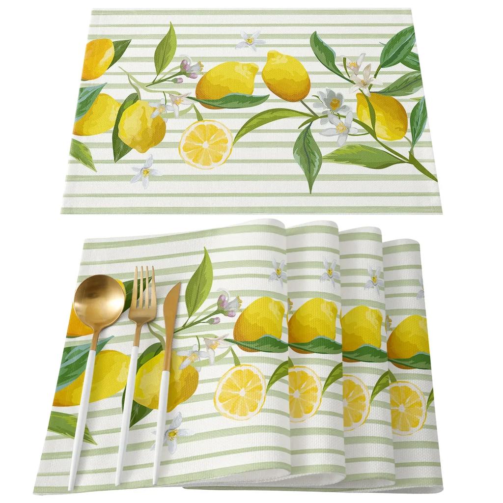 1PC Lemon Idyllic Plaid Fruit Kitchen Dining Table Decor Accessories Placemat Heat Resistant Linen Tableware Pads Mats