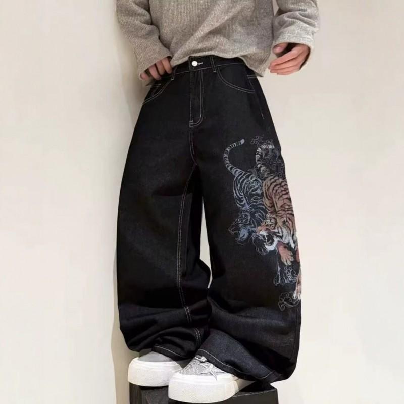 Mens Loose Fit Hip Hop Denim Jeans Straight Cut Wide Leg Casual Trousers Cotton Blend