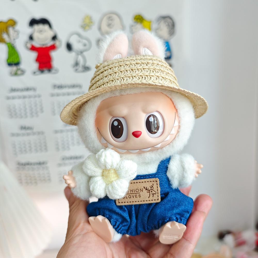 17cm Canvas Clothing, First and Second Generation, Labubu Clothing, Vinyl Doll Decoration, Pendant Clothing, Overalls, Doll Set Hat