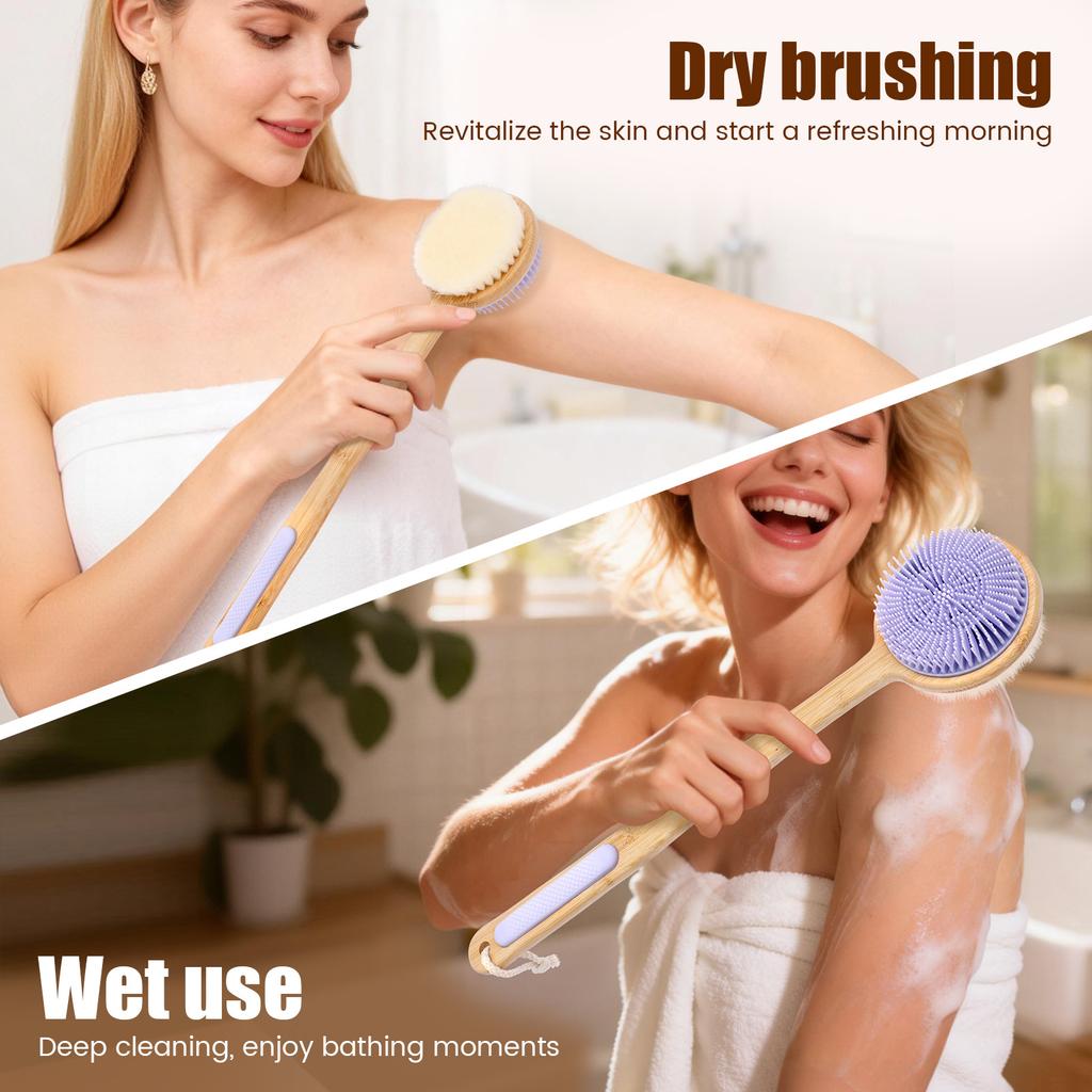 Double Sided Shower Body Brush Silicone and Dense Bristle Massage Back Scrubber Deep Cleaning Exfoliation Bamboo Long Handle