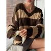 New Autumn/Winter Relaxed-Style Knitwear: Loose-Fitting, Fashionable Women’s V-neck Retro Colour-Blocked Striped Jumper