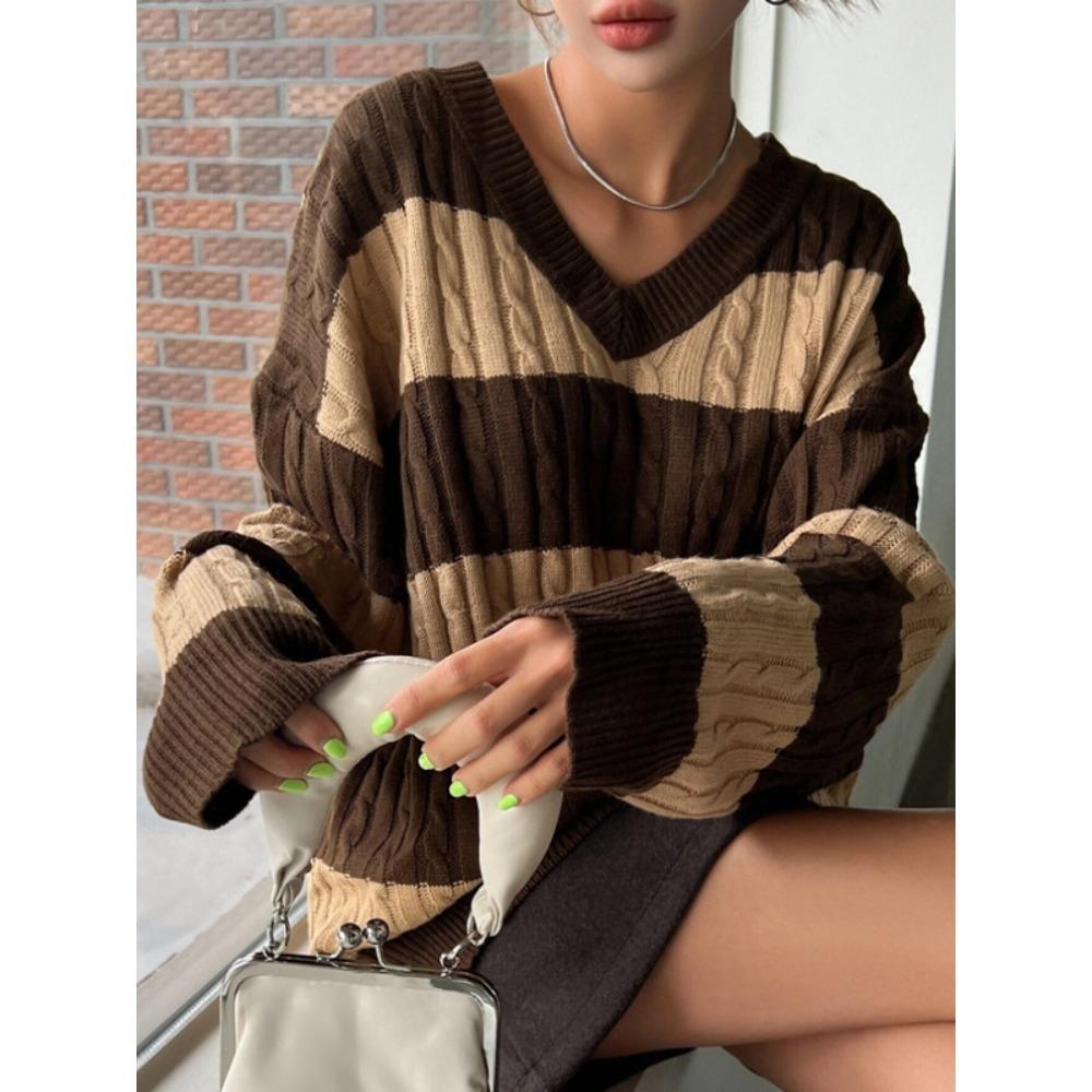 New Autumn/Winter Relaxed-Style Knitwear: Loose-Fitting, Fashionable Women’s V-neck Retro Colour-Blocked Striped Jumper
