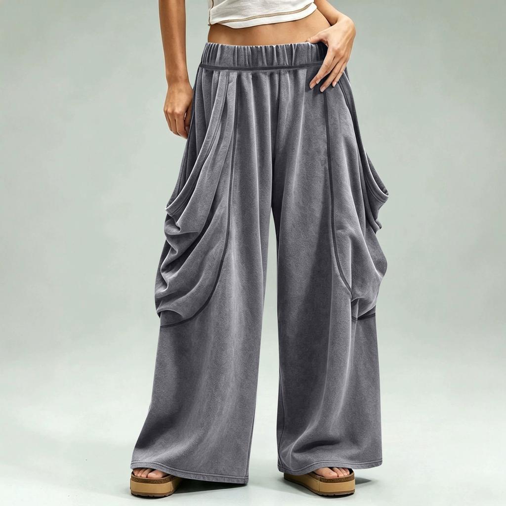 Women's Fashion Wide Leg Pants with Elastic Waist and Large Pockets, Color Loose Fit Casual Trousers