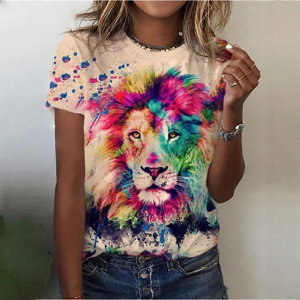 Plus Size Women s T-Shirt O-Neck Casual Bohemian Print Harajuku Short Sleeve Tops Fashion Lion 3D Print Y2k Woman Clothing 4XL