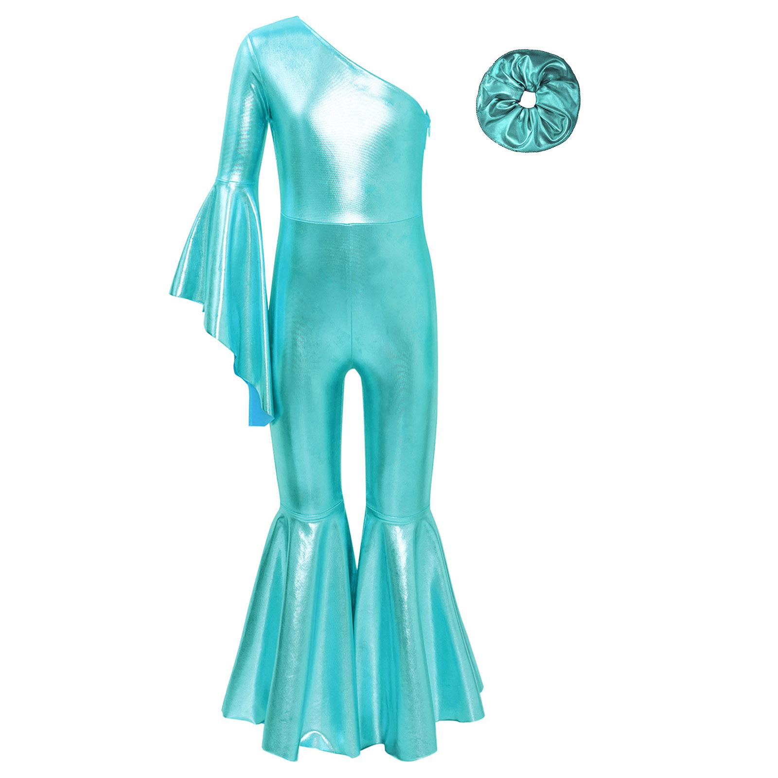 

Дівчачий блискучий костюм для танців кльош, модний комбінезон на одне плече з рукавом-кльош, пов язка для волосся, головний убір для виступів 11-12 Years бірюзовий
