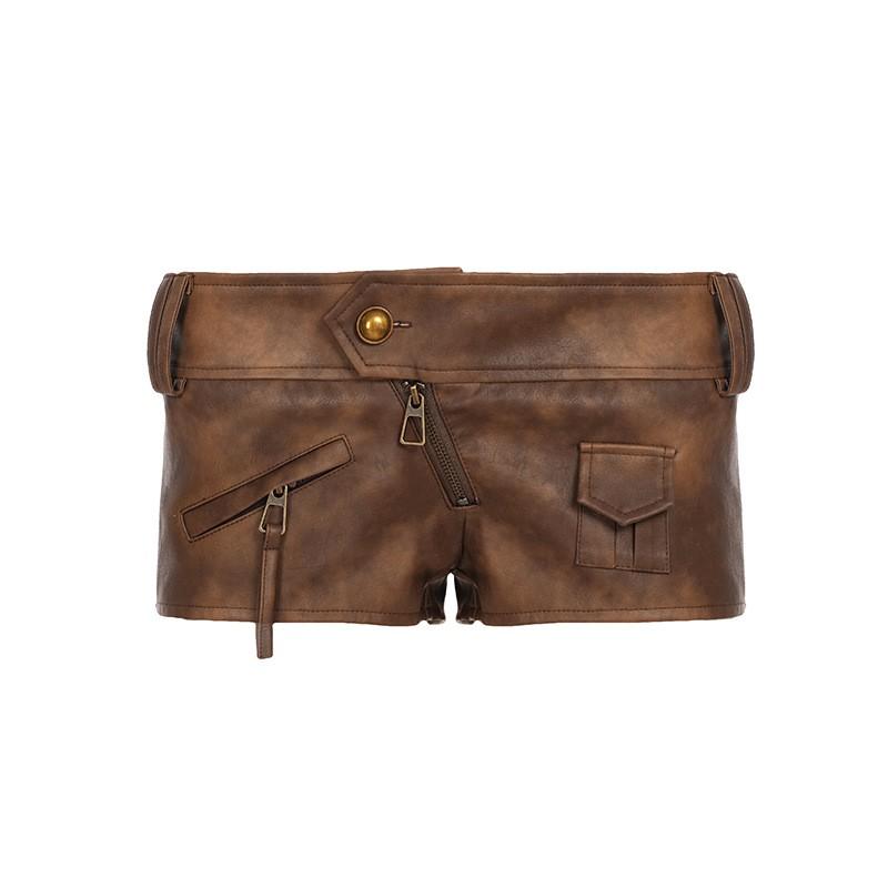 Womens Distressed Brown Leather Look Shorts Low Waist Asymmetrical Cut Streetwear Hot Pants