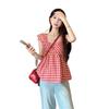 Summer 2026 Red Plaid Flutter Sleeve Square Neck Slimming Blouse for Women