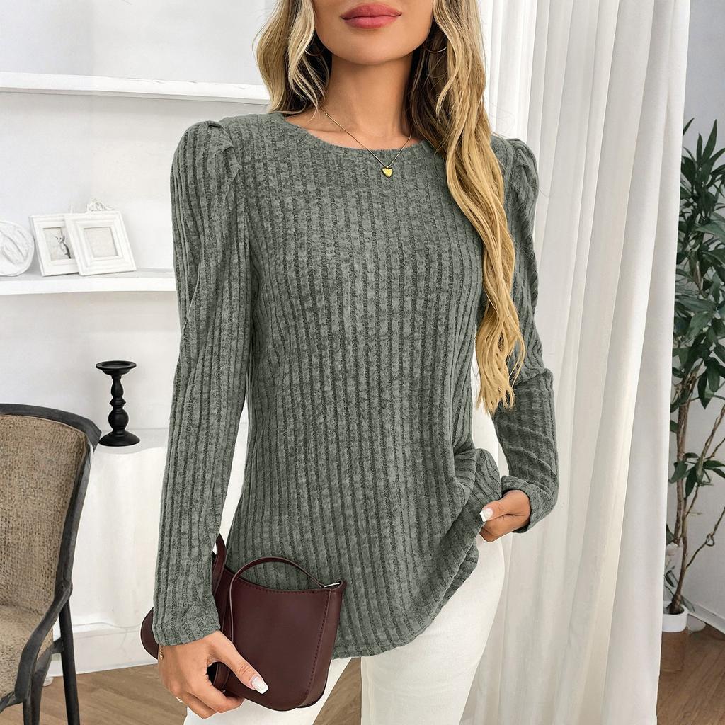 Women's Fashionable Solid Color Long Sleeved Round Neck Loose Casual Pullover T-shirt Top