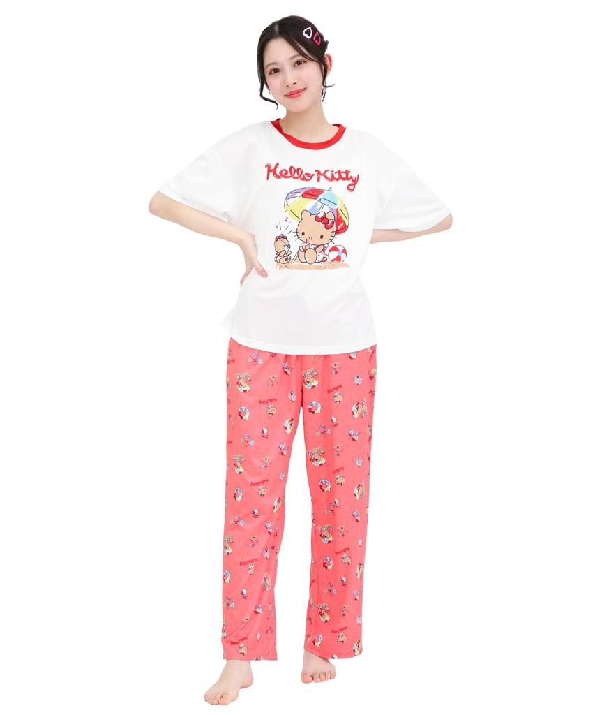 SAZAC Peach Side Hello Kitty Pajama Powder Stretch Short Sleeve and Long Pants Set X Set, Fabric, Women's (White Red/M/SAN1950)