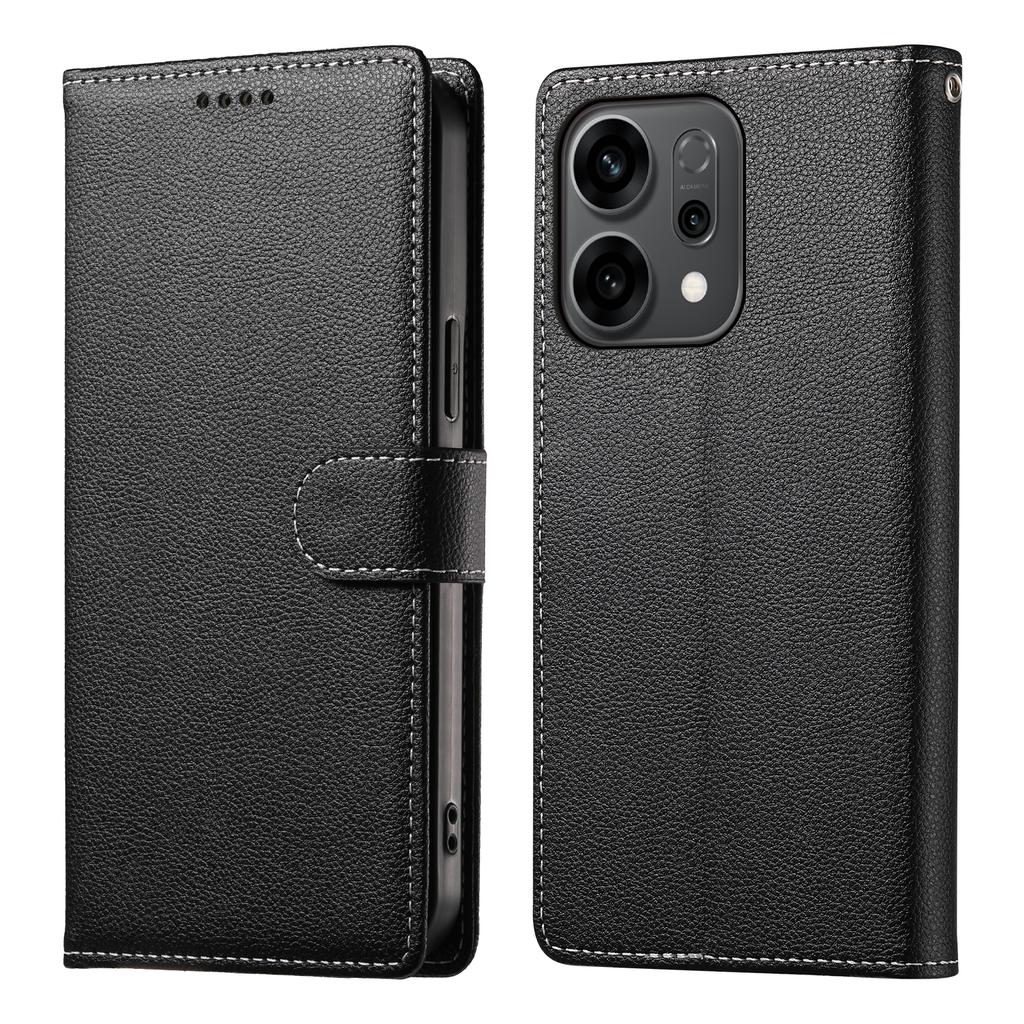For Oppo Reno14 F 5G Case Magnetic Snap Litchi Texture Leather Wallet Phone Cover with Wrist Strap