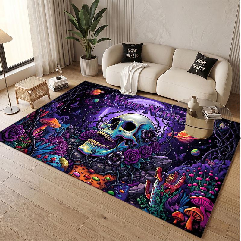 Totenkopf Gothic Thema Weicher Kristall-Samt Teppich Benutzerdefinierter Name & Text Druck Rutschfester Boden Teppich für Schlafzimmer Wohnzimmer