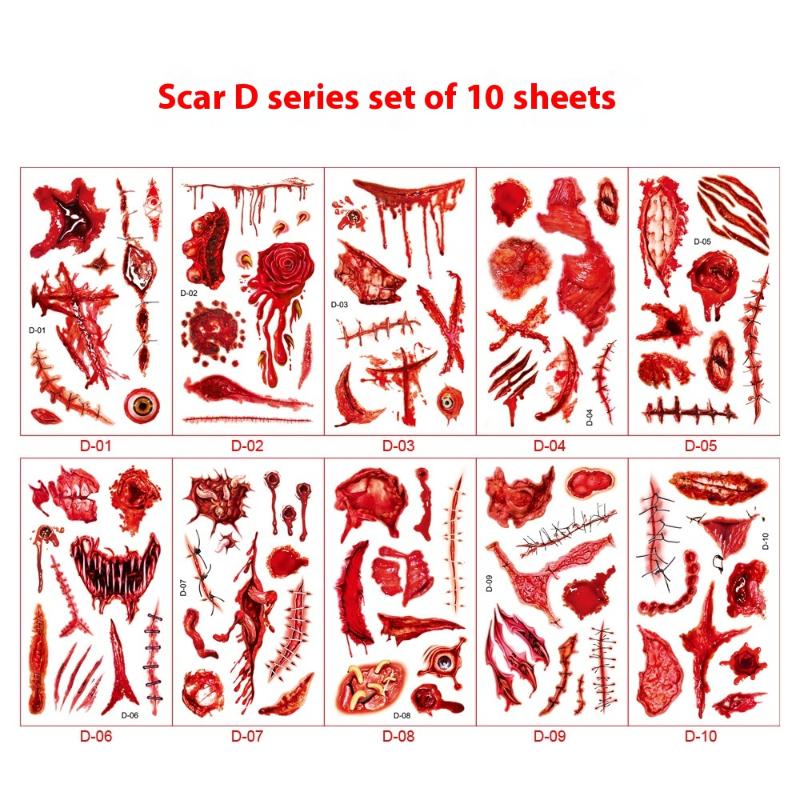 

10 Sheet Halloween Scar Tattoos Stickers Temporary Bloodstain Wound Costume Festival Celebration Make Up Arm Face Tattoo