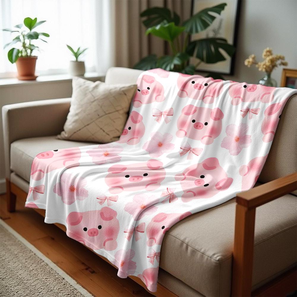 Pink Pig Cherry Blossom Bow Cartoon Anime Print Flannel Blanket Soft Warm Throw for Kids Bedroom Sofa Christmas Office Car