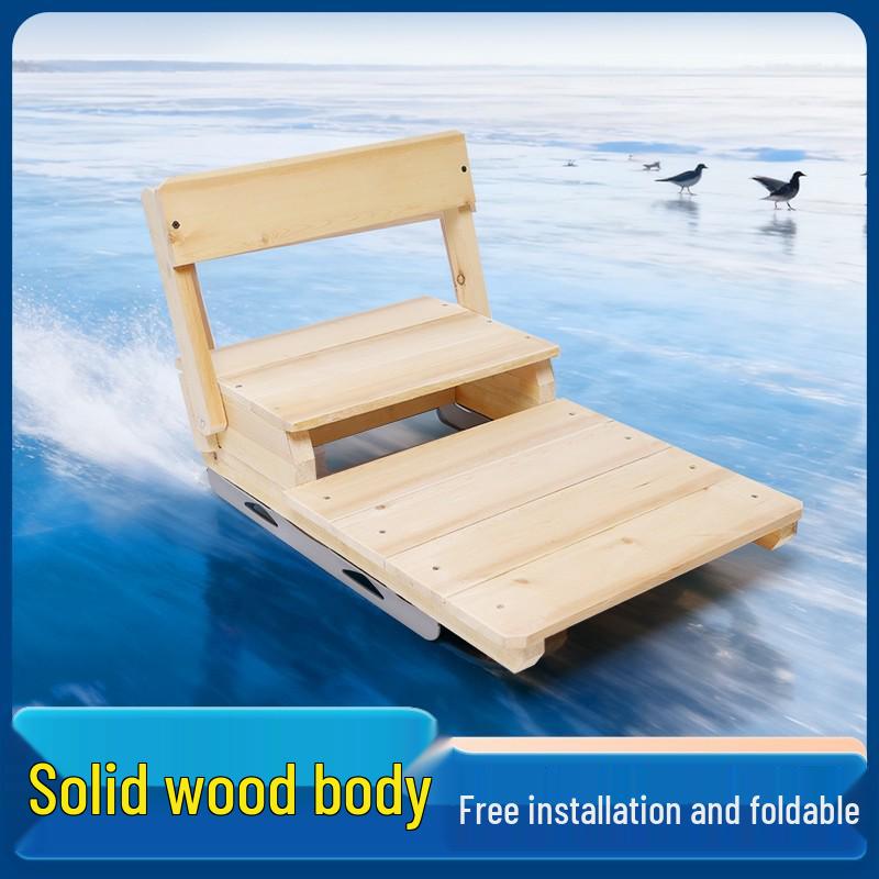 Dual-Person Folding Nostalgic Ice Sled with Backrest and Children's Ice Skates, Solid Wood Design for Outdoor Use