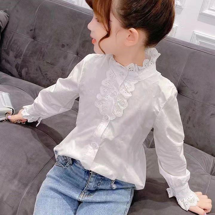 Biała Koronkowa Koszula Lolita z Kokardą z Długim Rękawem dla Dziewczynek: Styl koreański, Wszechstronny, Słodki na wiosnę i jesień