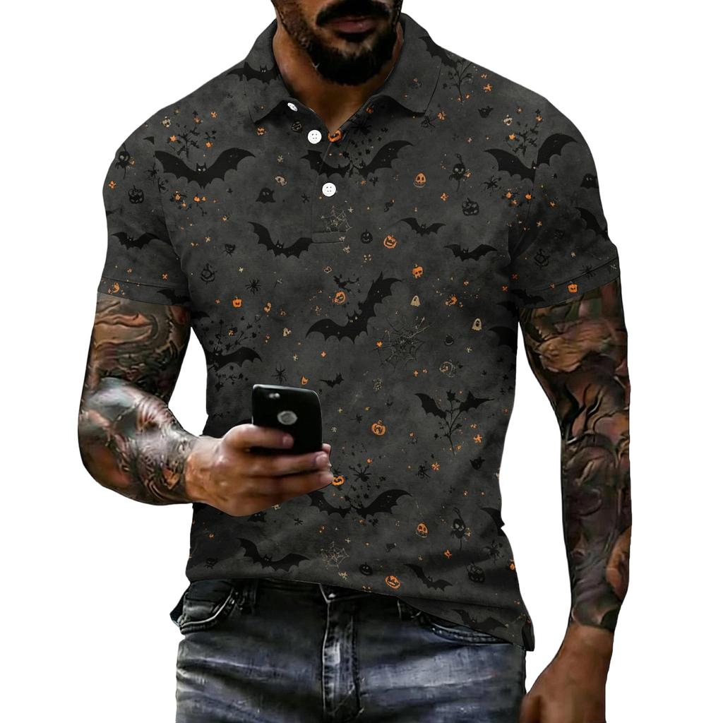 Men's Halloween Printed Short Sleeve Polo Shirt Loose Fit Casual Summer Daily Wear Button Down Collar Top