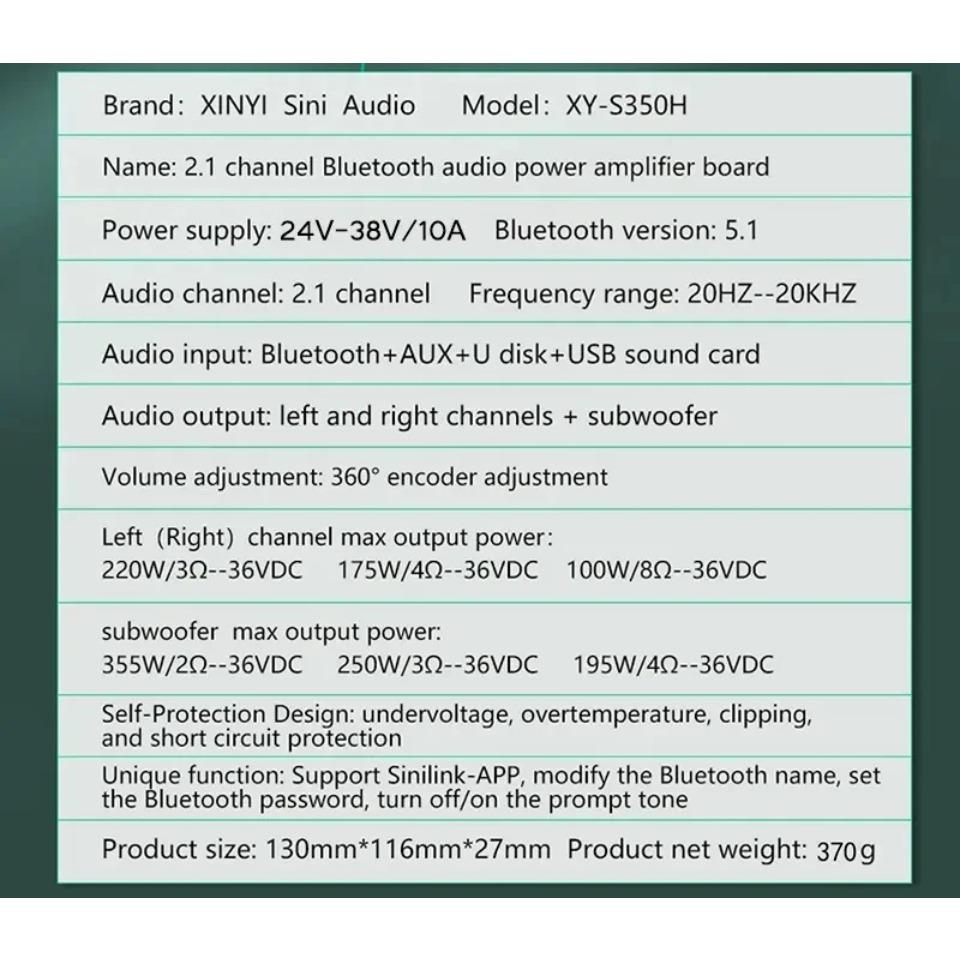 S350H TPA3251D2 Bluetooth 5.0 Amplifier Board 2.1 Channel Power Audio Stereo Subwoofer 220WX2+350W TREBLE Bass AMP