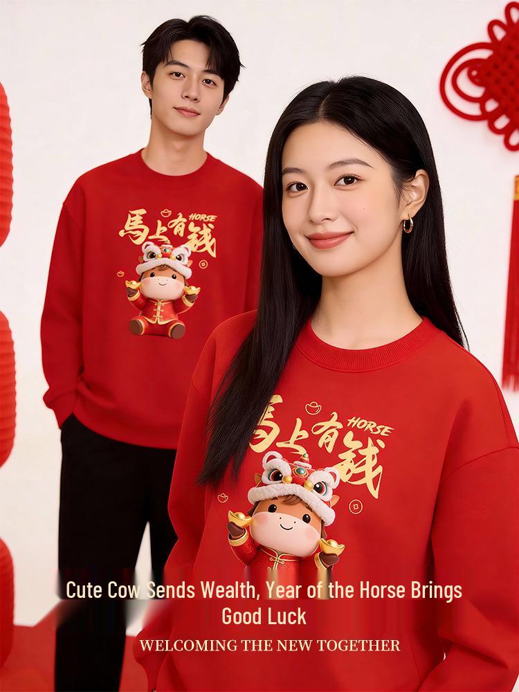 Women's 2026 Year of the Horse Red Round Neck Fleece-Lined Hoodie - Loose Fit, Autumn/Winter Edition