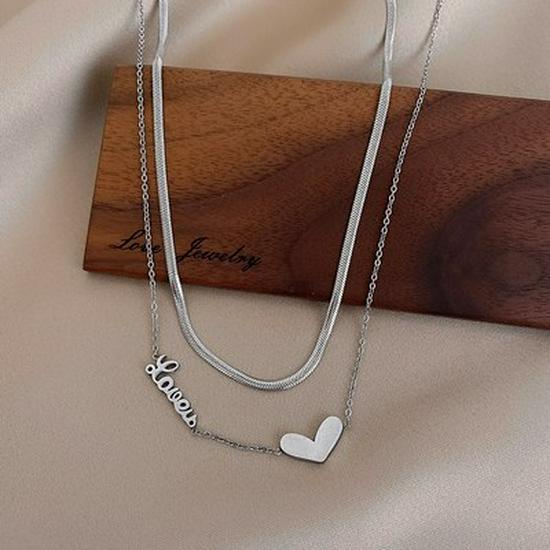Double Layered Heart Necklace - Titanium Steel, Non-Fading, Trendy Cold Style Design for Women.
