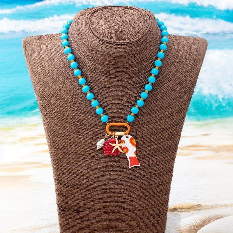 Bohemian Layered Summer Beach Necklace Acrylic Colorful Beads Fish Starfish Charms for Daily Dating Wear