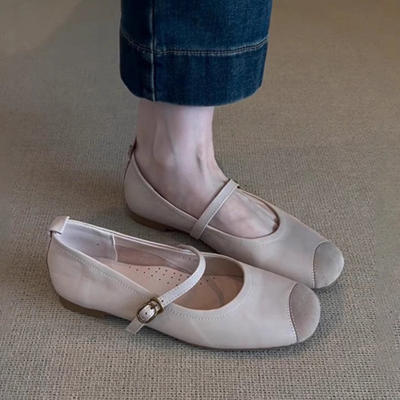 Sheepskin version~ retro soft-soled leather splicing one-word belt Mary Jane single shoes women's shallow commuter flat-soled ballet shoes