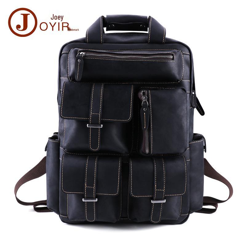 

Винтажный мужской рюкзак из кожи Crazy Horse с несколькими карманами для 17-дюймового ноутбука для путешествий на открытом воздухе - европейский и американский стиль