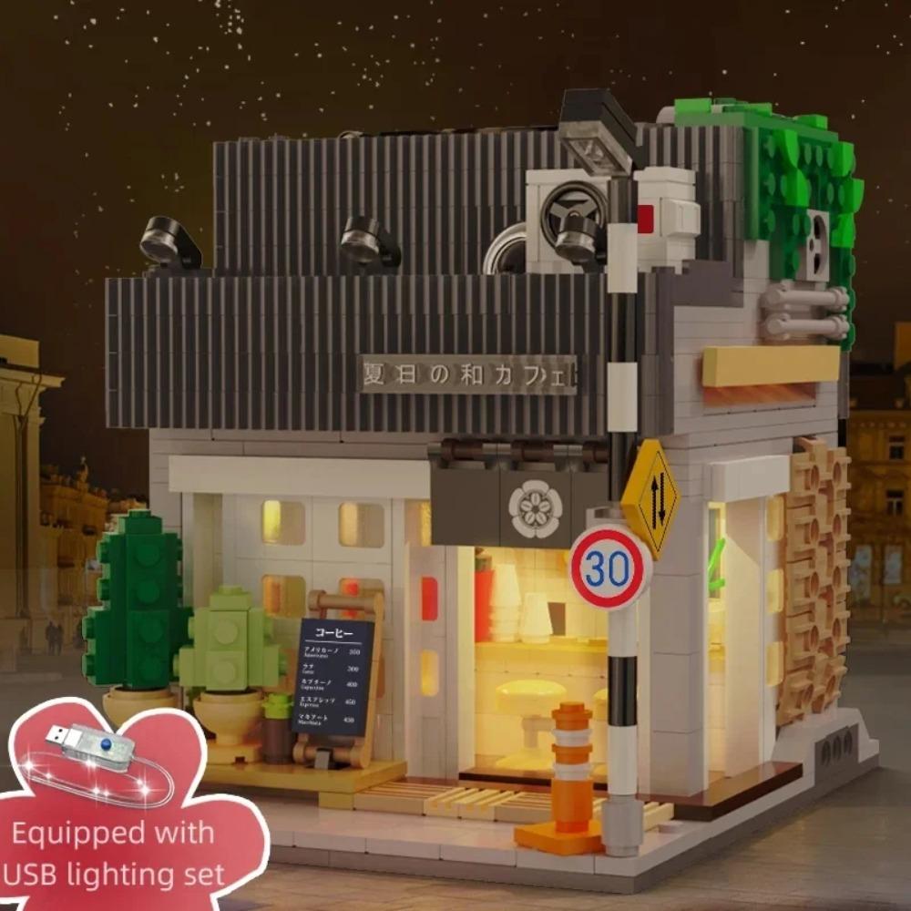 Cada Japanese Sushi HouseBricks Shop LED Japanese Steamed Bun House Building Blocks Summer Cafe Cada Toy Street View Series Set