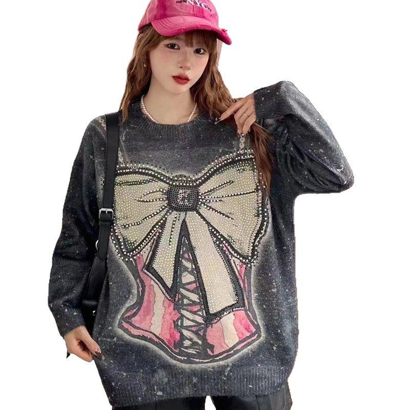 European Style 2025 Autumn Elegant Oversized Women's Sweater with Bowknot and Distressed Long Sleeves