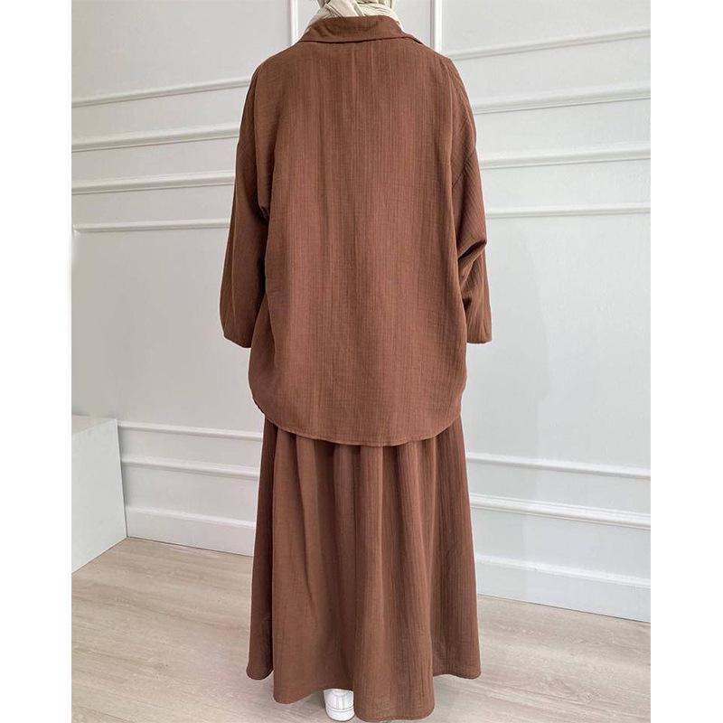 In-Stock Summer Fashion: Women's Crinkled Puff Sleeve Long Sleeve Muslim Apparel Skirt Set