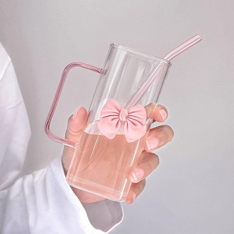 Lovely Delicate Bownot Glass Cup with Straws and Lids, Lemon Tea Cup, Milk Cup For Home, Office, Dining Room