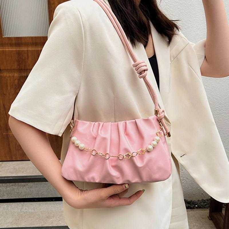 Γυναικεία Τσάντα ώμου Faux Leather Chain Bead Decor Ομαλό κλείσιμο με φερμουάρ Πλισέ ρυθμιζόμενη γυαλιστερή τσάντα μεγάλης χωρητικότητας