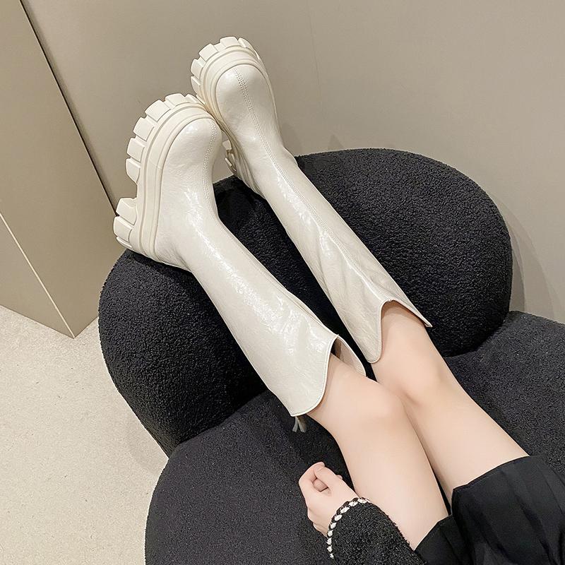 Women Chunky Leather Long Boots 9CM High Heels New Winter Knee High Boots Warm Fur Punk Shoes Platform Motorcycle Booties Woman