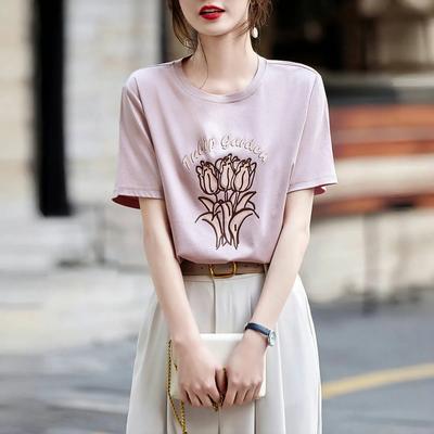 T-shirt d'été pour femme à imprimé lettres, col rond, manches courtes, pull ample et décontracté