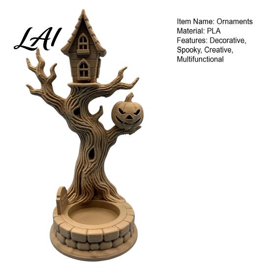 Detailed Resin Style Figurines 3D Printed Halloween Tree House Ornament with Pumpkin Spooky Table Realistic Pumpkin Face Statues Centerpiece,