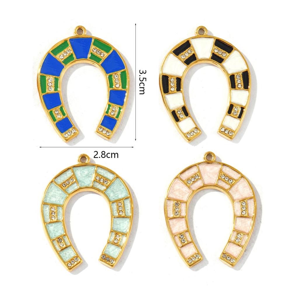2 PCs West Cowboy Pendants Enamel Luck Horseshoe Clear Rhinestone 304 Stainless Steel 18K Gold Plated Charms DIY 3.5cm x 2.8cm