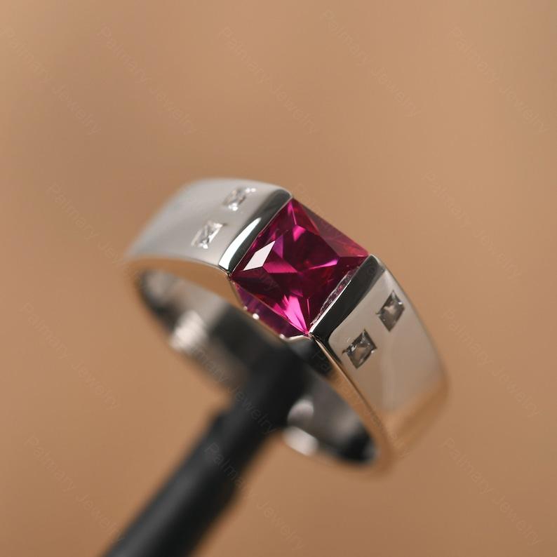 Women's 925 Sterling Silver Ring Princess Cut Red Ruby Gemstone Statement Band For Engagement & Anniversary Wear