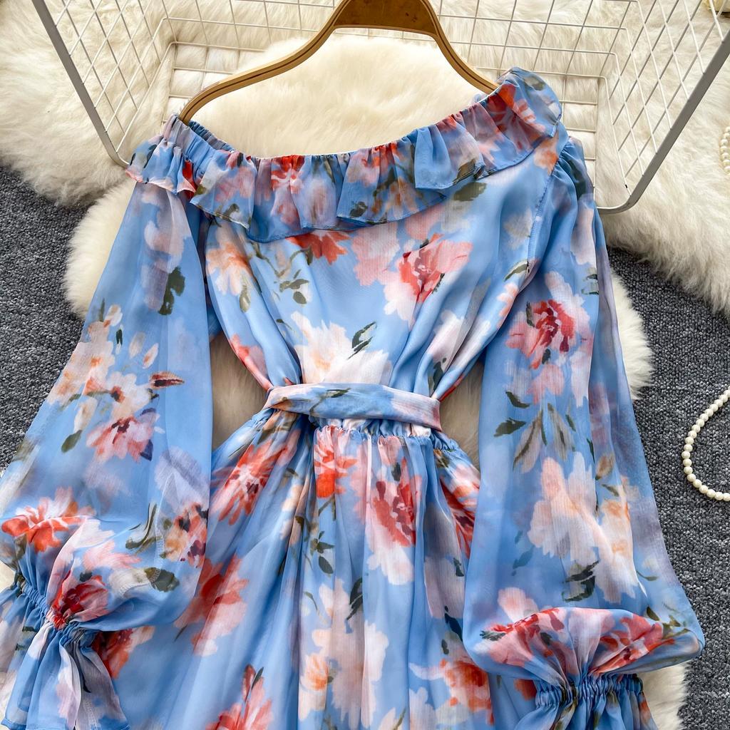 Women Off Shoulder Floral Print Short Dress Long Sleeve Ruffle Splice Smocked Waist A-Line Mini Skirt Casual Summer Beach Vacation Dress