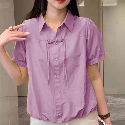 Summer Women Puff Sleeve Tie Front Button Down Pink Shirt