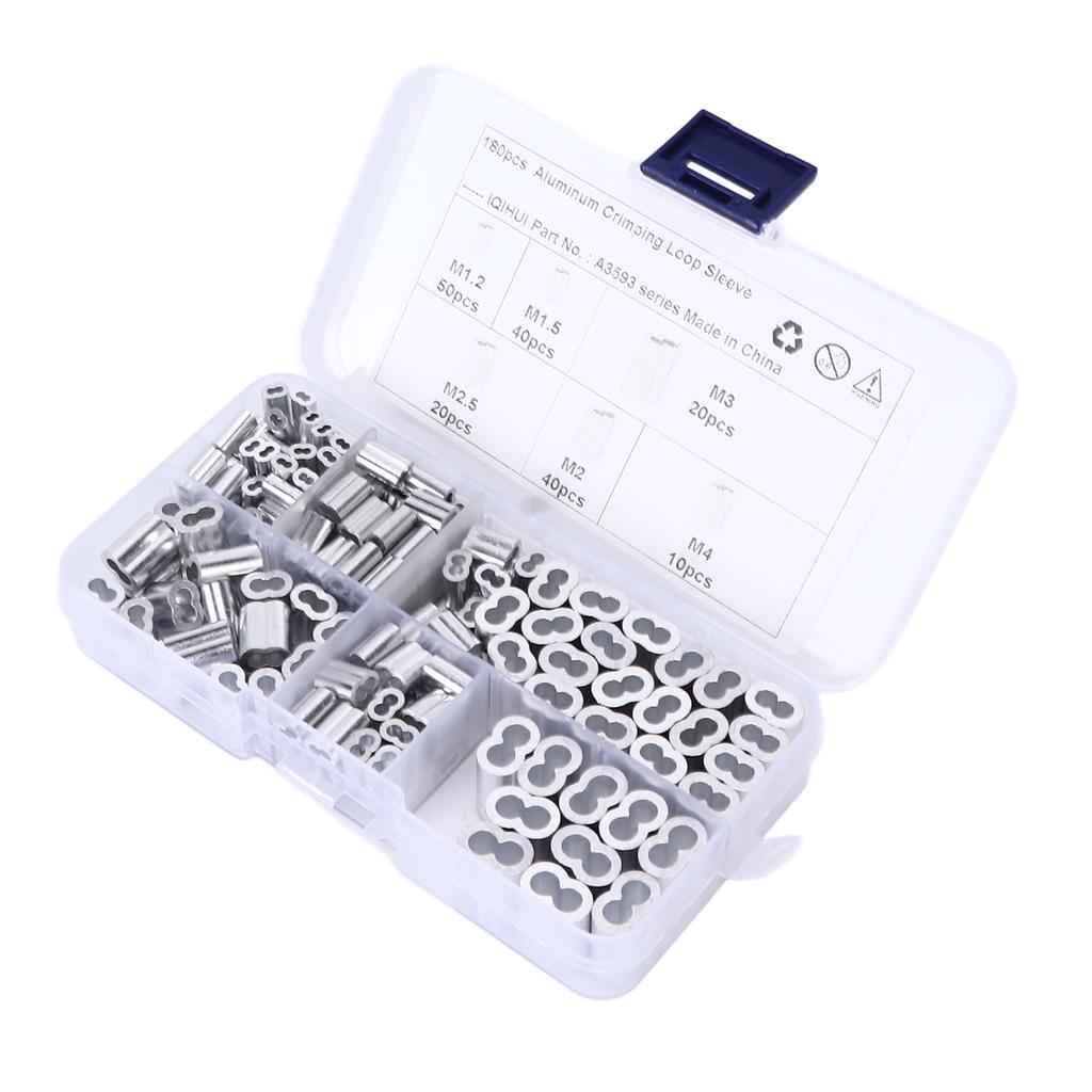 180pcs Crimping Loop Sleeve Kit 6‑Size Aluminum Double Barrel Ferrule Universal for Wire Rope Cable 