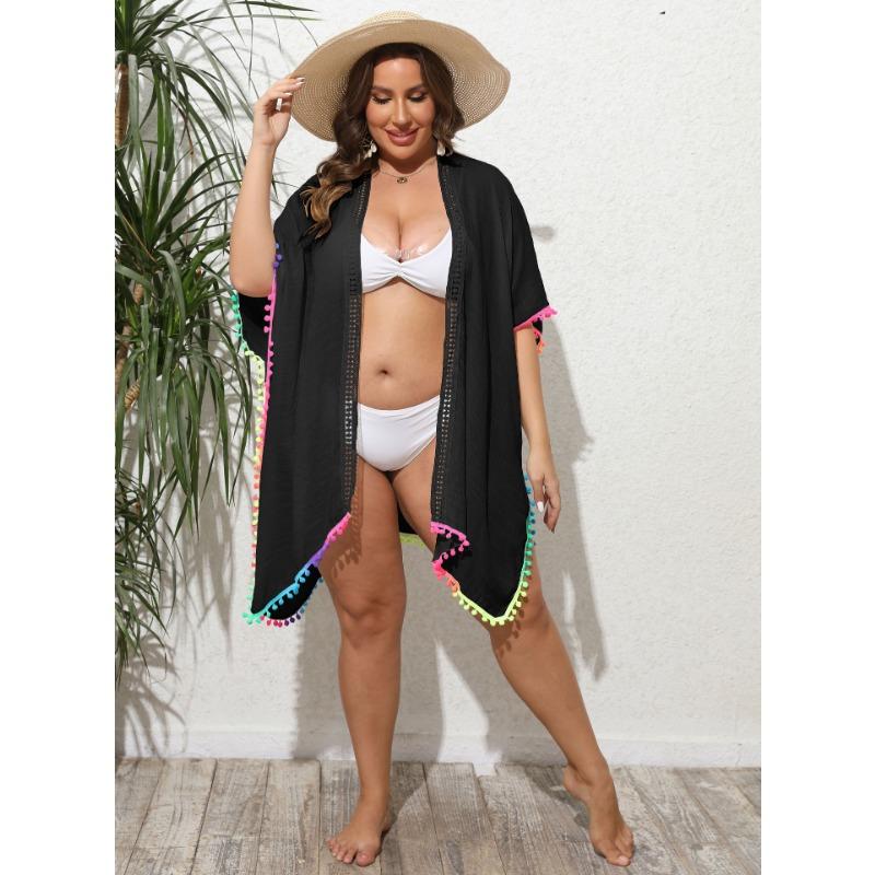 Übergröße Damen Sonnenschutz Strickjacke Fransen Patchwork Locker Unregelmäßig Strand Bikini Smock
