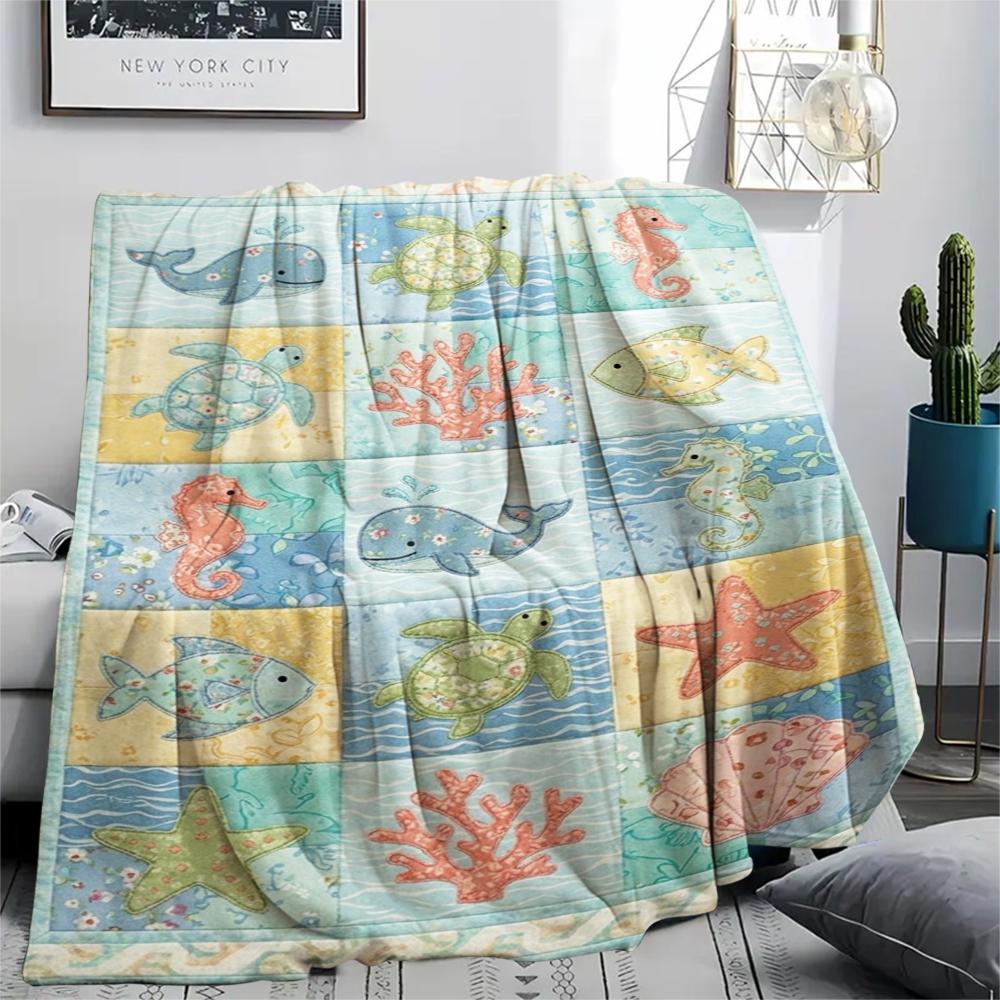 1Pc Ocean Print Flannel Blanket, High quality Comfortable for All Seasons, Home Decor, Warmth and Comfort, Perfect for Christmas Gifts W101