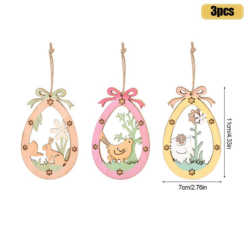3Pcs Easter Cute Bunny Eggs Wooden Ornament Hanging Pendants with Rope 2025 Easter Home Decoration Kids Party Toy Gift Favors