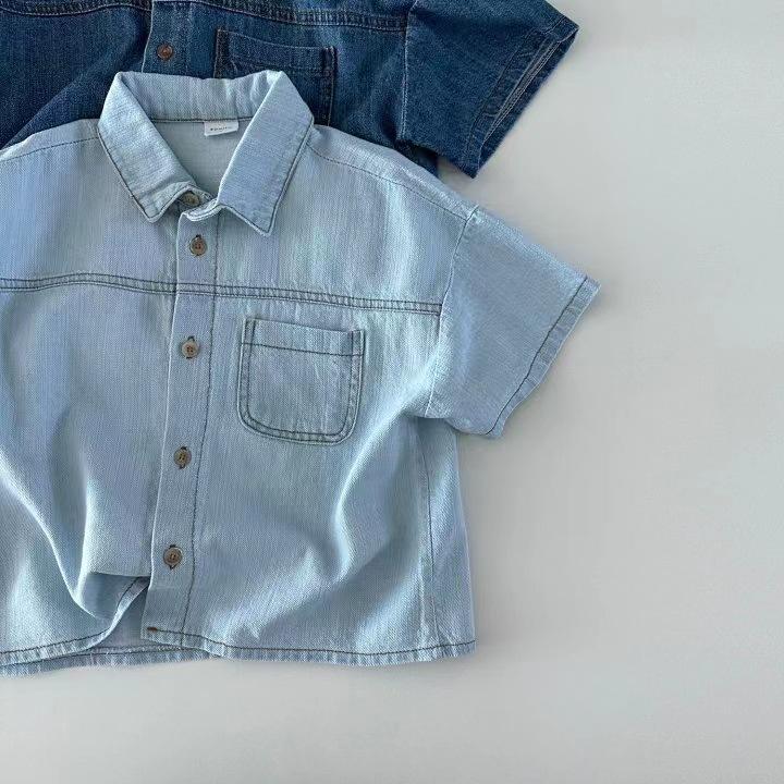 Korean Version Short Sleeved Denim Shirt Shorts Set Boys Girls Summer Fashionable Two Piece Set