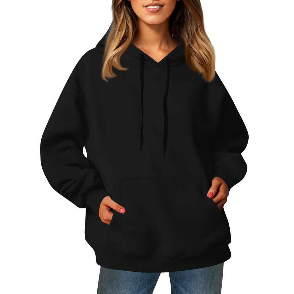 Women's Fashion Solid Color Hooded Drawstring Long Sleeve Loose Pullover Sweatshirt Top