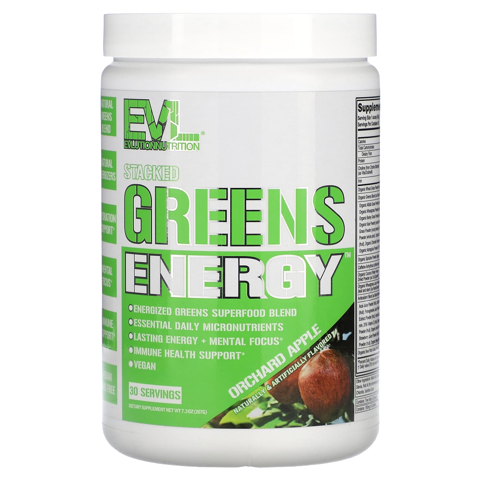

EVLution Nutrition, Енергетична добавка Stacked Greens, зі смаком яблука, 200 г (207 г)