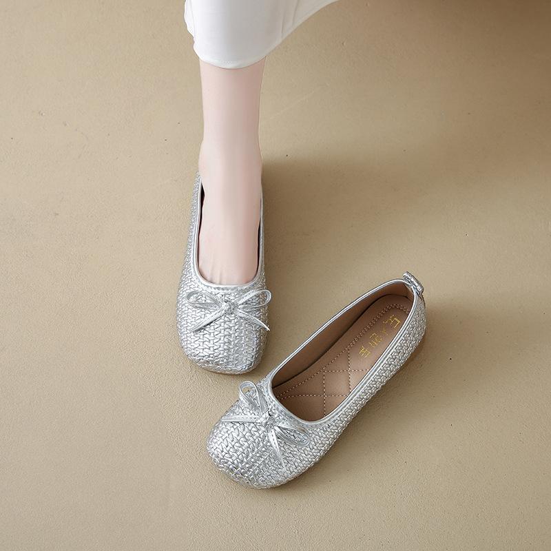 French thick heel woven single shoes women's 2025 autumn and summer new bow with skirt one pedal soft-soled beanie shoes